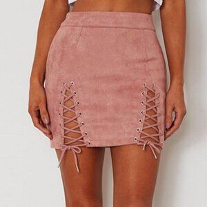 Mini Skirt High-Waist Small Faux Suede Bodycon Sexy Lace-Up Criss Cross Split